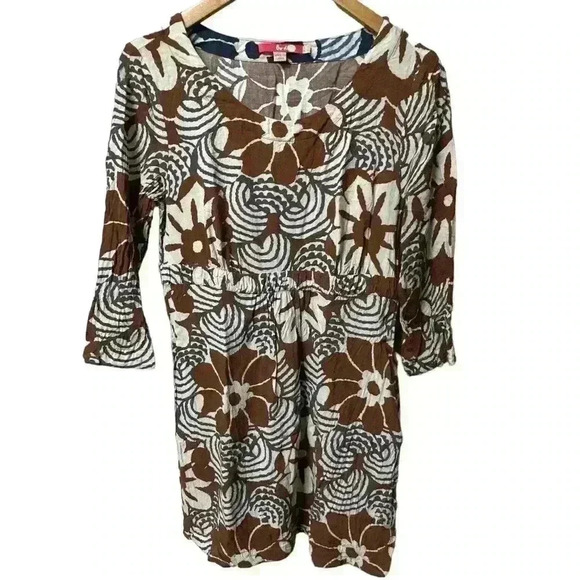 Womens Boden Brown Floral Cotton Empire Waist Tunic Dress Size 10 - Picture 1 of 6